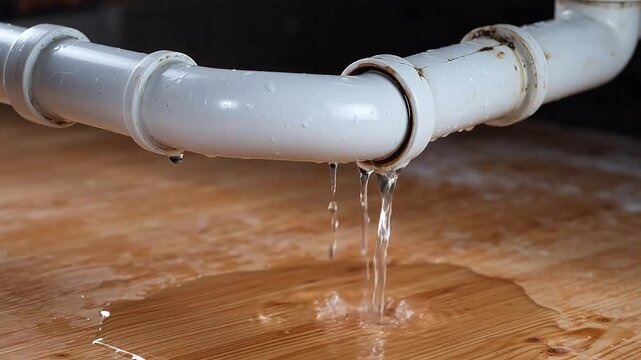 Water leaking from pipe onto wooden surface