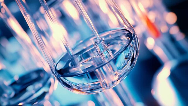 Glass laboratory flask with clear solution and submerged stirring rod, close up under blue light conveying scientific research, chemical analysis, innovation and precision