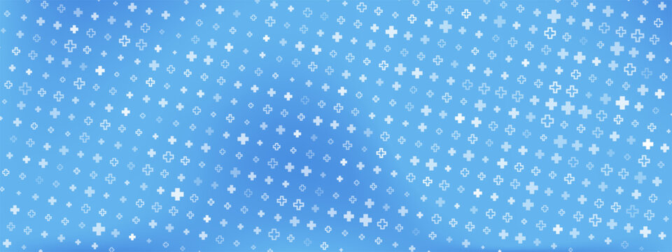 Medical blue background with white cross pattern and plus symbols. Clean healthcare texture for hospital website design, pharmacy banner, or health education template.