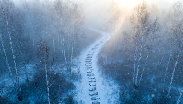Curving serpentine stepping-stone path leading through snowy birch grove, with mist and sunlight