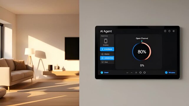 User controls smart home lighting with ai agent interface on wall screen. Digital system manages room brightness via touchscreen application in modern house set-up.