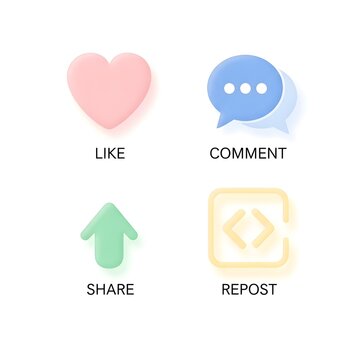 Social media icons, like, comment, share, repost buttons, flat design elements