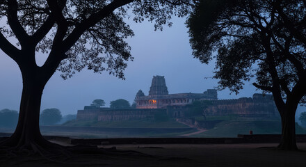 Obraz premium Ancient Fortress Glows at Misty Morning Silhouetted Trees Frame Historical Ruins in Tropical Landscape
