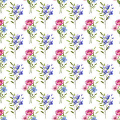 Fototapeta premium Seamless pattern with flowers and leaves, repeating paper, background. Floral backdrop for textile, fabric, wallpaper. Hand drawn flowers and leaf.