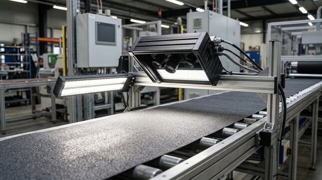 Medium shot showcasing advanced optical cameras scanning abrasivecoated webs under varying lighting conditions for accurate grit size evaluation in continuous manufacturing lines.