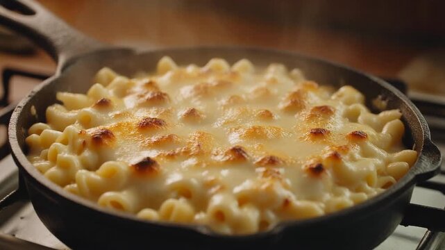 Golden brown mac and cheese fresh out of the oven, bubbling in a rustic cast iron skillet, a warm and comforting classic dish ready to be enjoyed as a hearty meal