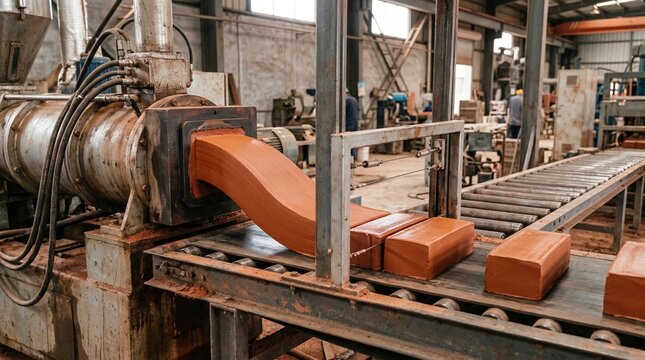 Medium shot of red clay billets continuously extruded on an industrial line showcasing vibrant earthy tones and smooth textures for quality brick production.