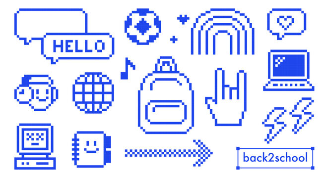 Y2K blue pixel icon pack with playful school, lifestyle elements. 8bit retro stickers. Laptop, globe, rainbow, lightning, football, rock hand icons. Cool nostalgic set for education, digital design