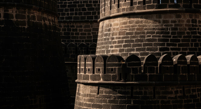 Ancient Stone Castle Towers in Warm Sunlight Medieval Architecture and Historical Fortress