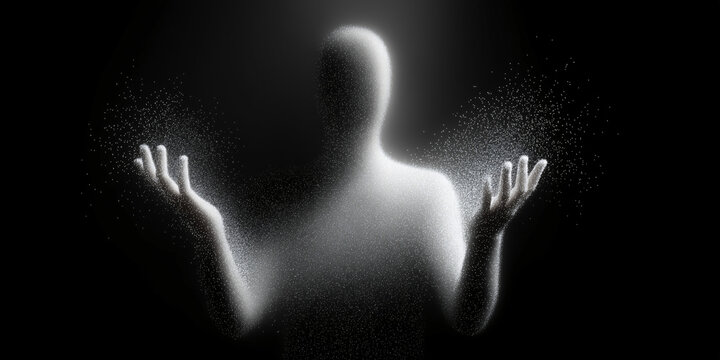 Mysterious human silhouette with particles of light, symbolizing an ethereal presence, against a dark backdrop. The figure is facing the viewer with open arms, and a sense of wonder is created