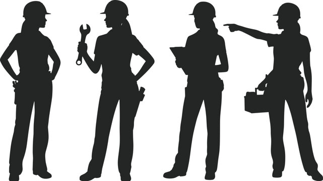 Female Construction Worker Silhouette Set with Women Builders Wearing Hard Hats Holding Tools and Wrench Isolated on White Background Vector