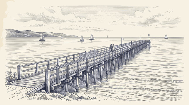 This vintage illustration depicts a pier extending into the ocean with sailboats in the distance, evoking a sense of calm and nostalgia.