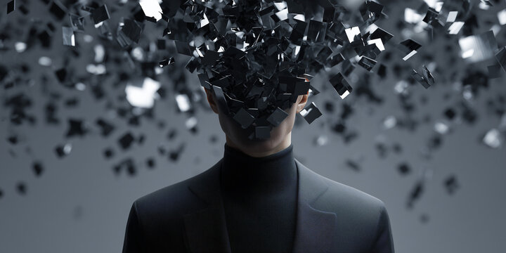 A surreal and abstract image of a person whose head appears to be fragmenting into numerous pieces