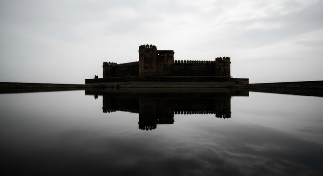 Dramatic Silhouette of Historic Castle Reflected in Calm Water Landscape