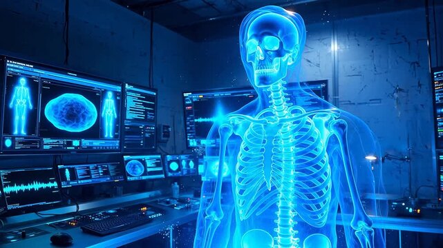 Human skeleton in futuristic lab