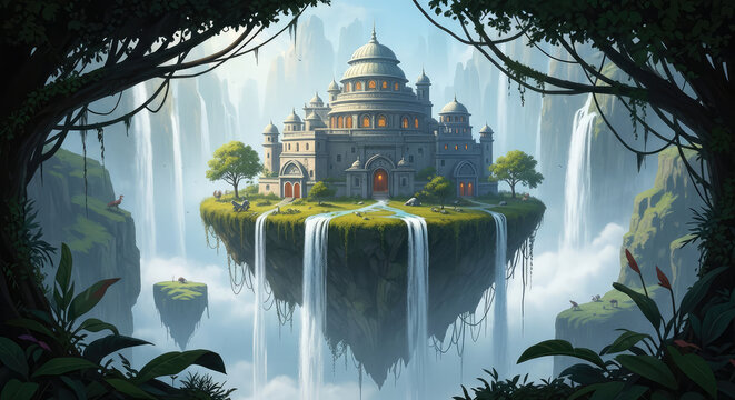 Fantasy Castle on Floating Island With Waterfalls and Lush Vegetation