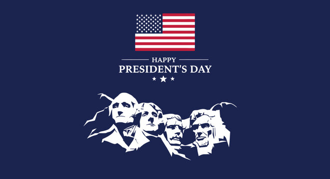 Happy Presidents Day Greeting Card with Mount Rushmore National Memorial Illustration and American Flag on Dark Blue Background