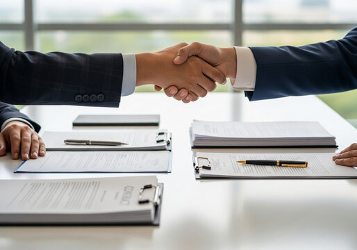 Close-up of a business handshake over a desk with a clipboard and paperwork, representing the finalization of a contract in a formal meeting.