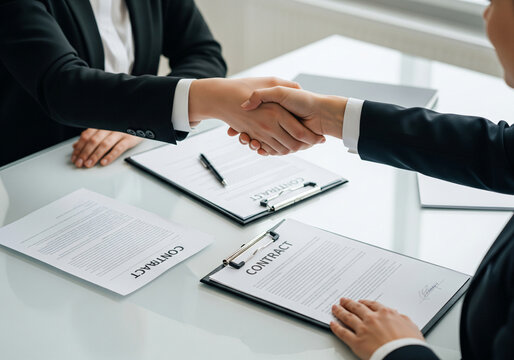 Close-up of a business handshake over a desk with a clipboard and paperwork, representing the finalization of a contract in a formal meeting.