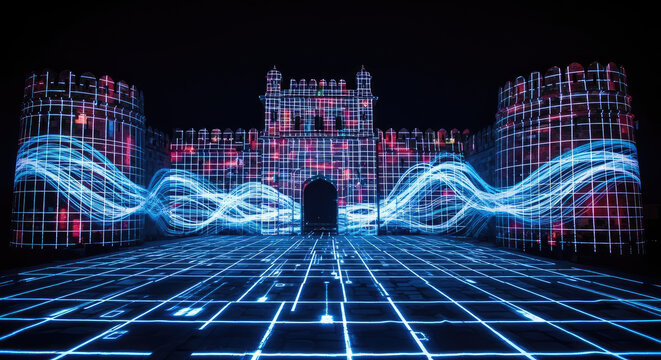 Futuristic Castle Illuminated With Digital Light Waves at Night