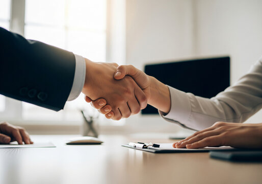 Close-up of a business handshake over a desk with a clipboard and paperwork, representing the finalization of a contract in a formal meeting.