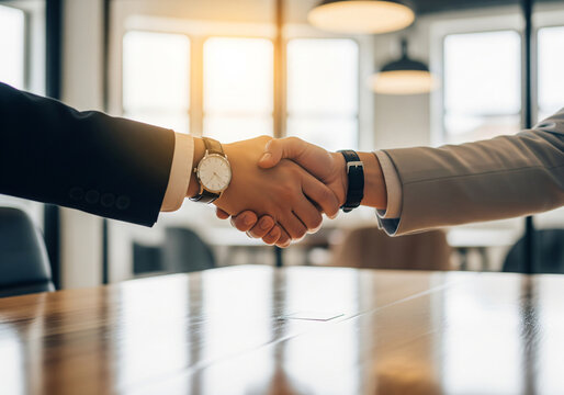 Close-up of a business handshake over a desk with a clipboard and paperwork, representing the finalization of a contract in a formal meeting.