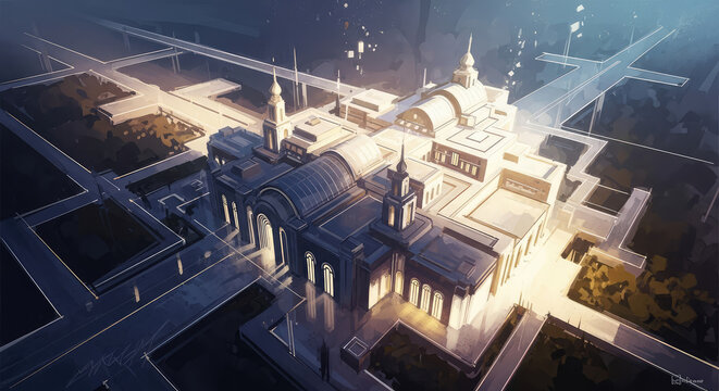  Grand Architectural Building Complex Illuminated by Evening Light