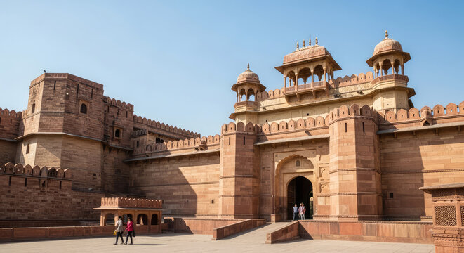 Grand Historic Fort Palace Entrance With Brown Stone Architecture and Tourists Exploring Ancient Heritage