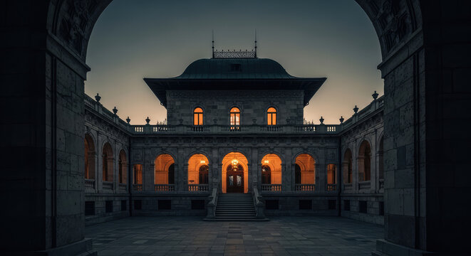 Historic Building Facade at Dusk Architectural Detail and Warm Lighting