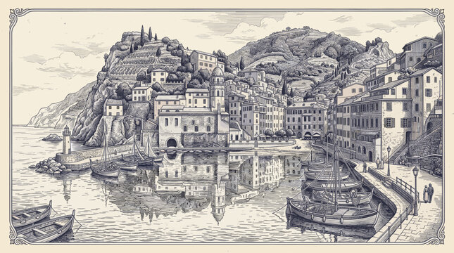 A vintage, black and white illustration depicts a charming coastal village nestled on a hillside overlooking a serene harbor filled with boats and a lighthouse.