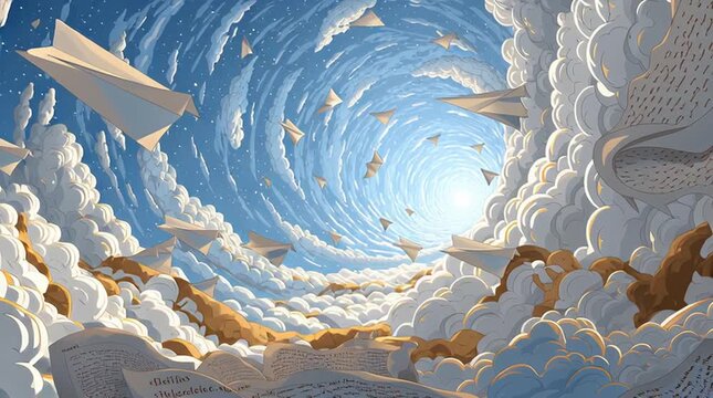 A mesmerizing spiral of clouds and paper planes, inviting the viewer into a dreamy sky experience.