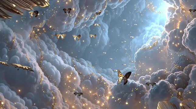 A mesmerizing view of clouds illuminated by sparkling lights, creating a surreal and magical atmosphere.