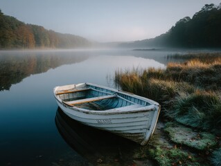 Obraz premium Old wooden boat anchored by tranquil lake in morning mist 