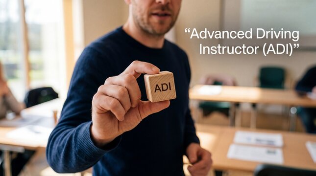 Professional Driving Instructor Holding ADI Block in Classroom Setting.