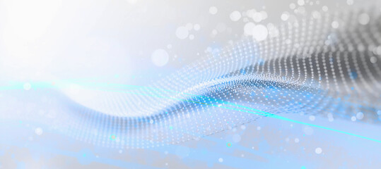 Abstract Light Blue Digital Particle Wave on Soft White Background, Flowing Dot Grid Data Visualization with Bokeh and Cyan Light Accent, Clean Technology Concept Wallpaper © ale studio 
