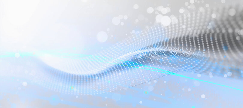 Abstract Light Blue Digital Particle Wave on Soft White Background, Flowing Dot Grid Data Visualization with Bokeh and Cyan Light Accent, Clean Technology Concept Wallpaper