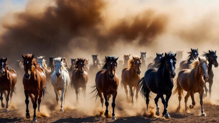 Obraz premium Herd of horses charging toward viewer across dusty plain