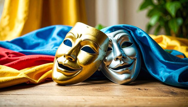 Comedy and tragedy theater masks on wooden table with colorful cloth