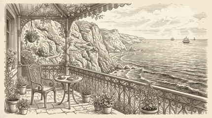 Obraz premium Intricate sketch depicts a charming balcony with potted plants, a table and chair, overlooking a dramatic cliffside leading to a wavy ocean with sailboats.