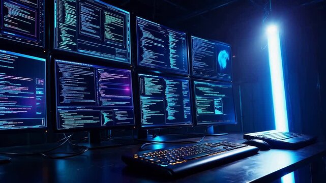 Computer monitors with code and keyboards