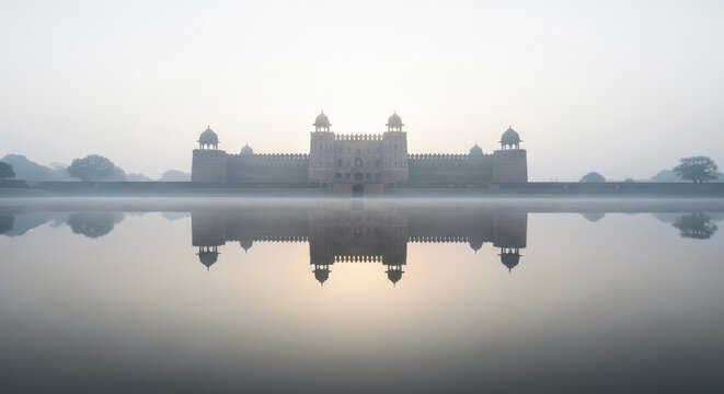 Lahore Fort Reflection in Water at Dawn Historic Mughal Architecture