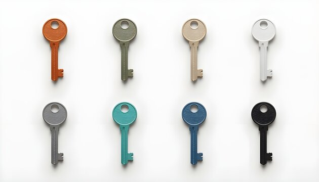   
Set of eight colorful metallic keys with circular heads and rectangular shafts arranged in two rows isolated on white background