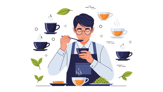 Tea Tasting Connoisseur: A discerning tea sommelier expertly savors the aroma and flavor of various tea infusions. He carefully examines and tastes with focus and knowledge.