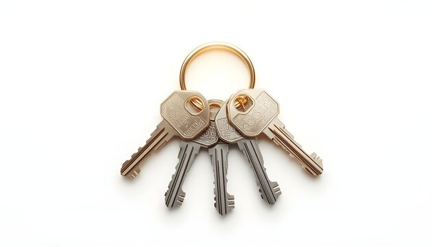 Set of five metallic house keys with rectangular heads attached to brass circular keyring isolated on white background symbolizing security