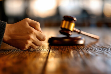 Obraz premium A person's hand rests on a wooden table near a gavel, suggesting legal proceedings or a judicial setting