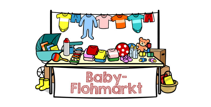 Babyflohmarkt Banner mit Kinderkleidung f&uuml;r Ank&uuml;ndigung von Flohmarkt