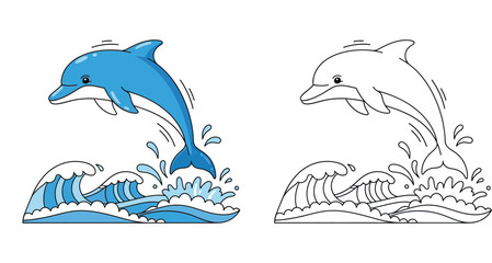 Obraz premium Dolphin Jumping Out of Ocean Waves Cartoon Illustration and Line Art Set for Kids Coloring Page, Vector Marine Animal Isolated on White Background
