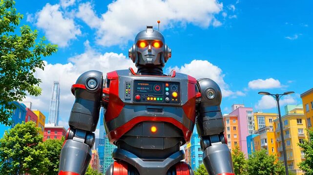 Giant robot in colorful cityscape