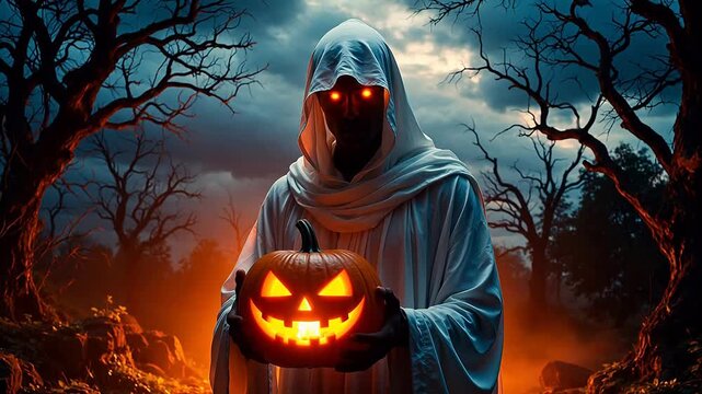 Hooded figure holding glowing pumpkin