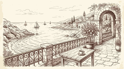 Fototapeta premium Hand-drawn sketch of a charming Mediterranean village with sailboats on the sea, viewed from a stone terrace with a table set for coffee.